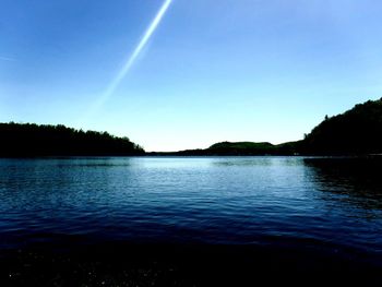 Scenic view of lake against clear blue sky
