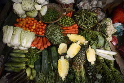 High angle view of various vegetables for sale at street market