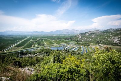 High angle view of plants on landscape against sky