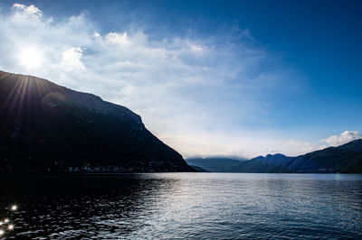 Scenic view of lake by mountains against sky