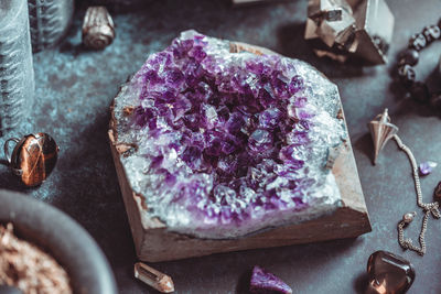 High angle view of amethyst on table