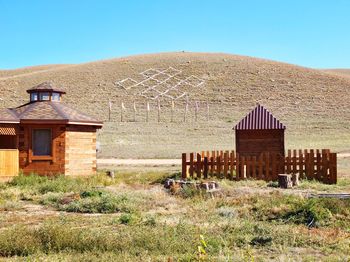 Built structure on field against clear sky