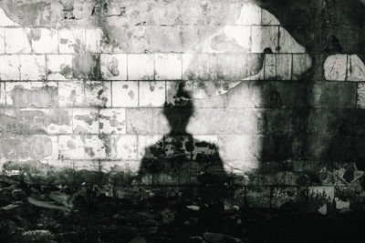 Close-up of woman with shadow on brick wall