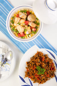 High angle view of salad in bowl on table