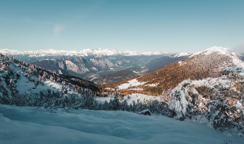 Scenic view of snowcapped mountains against sky