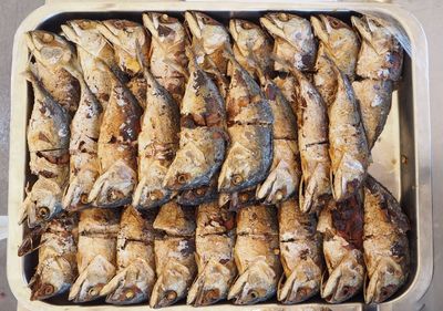 High angle view of meat on barbecue grill