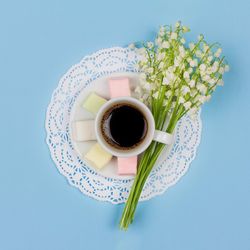 Directly above shot of coffee cup against white background