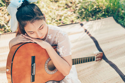 High angle view of girl playing outdoors