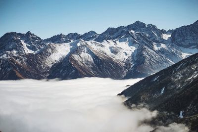 Scenic view of snowcapped mountains against clear sky