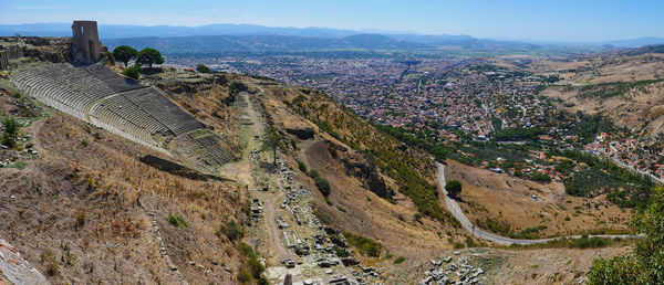 High angle view of residential district against sky