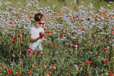 Boy standing by blooming flowers