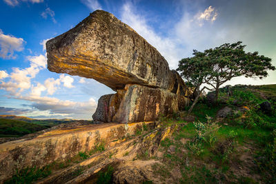 Rock formations on landscape against sky