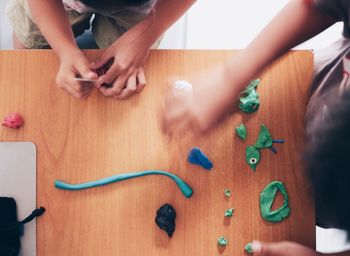 Directly above shot of boy and girl making animals with clay on table