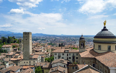 Aereal panoramic view of bergamo and mountains from the upper old city