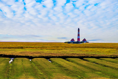 Scenic view of farm against sky