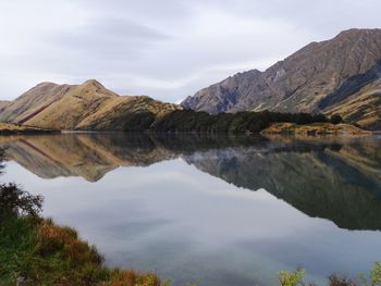 Scenic view of lake and mountains against sky