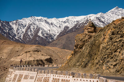 Scenic view of snowcapped mountains against clear sky