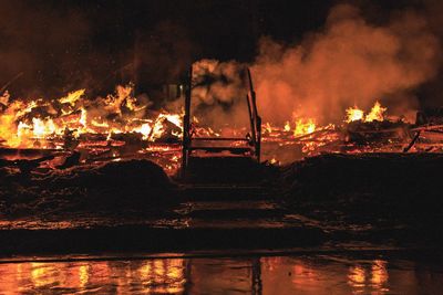 Panoramic shot of fire in water at night