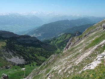 High angle view of valley against sky