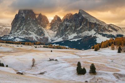 Scenic view of snowcapped mountains against sky during sunset