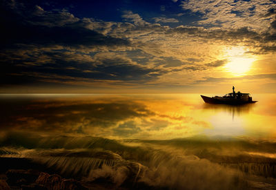 Silhouette boat in sea against sky during sunset