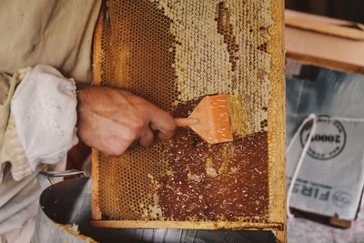 Extracting honey from honeycomb concept. close up view of beekeeper cutting wax lids with hot knife 