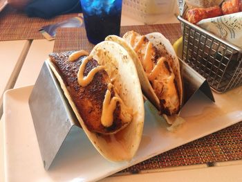 High angle view of food in plate on table