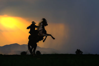 Silhouette man riding horse on field against sky during sunset