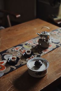 High angle view of coffee cup on table