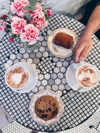 High angle view of breakfast on table