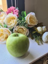 High angle view of roses on table