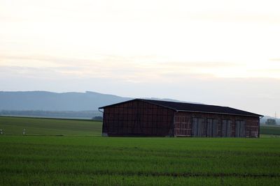 Barn on field against sky