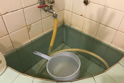 High angle view of coffee beans in bathroom