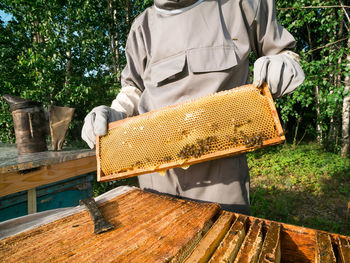 Midsection of man standing in basket