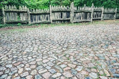 Stone wall by footpath and plants