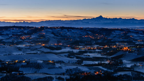 Aerial view of city during sunset