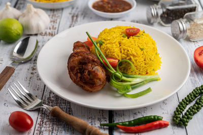 High angle view of food served on table