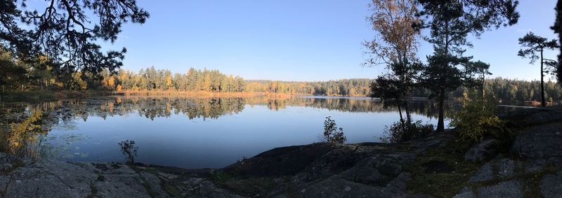 Scenic view of lake by trees against sky