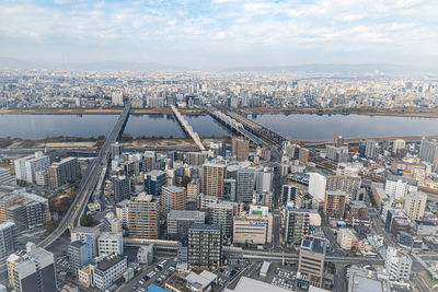 High angle view of buildings in city