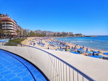 Scenic view of sea against clear blue sky