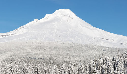 Low angle view of snowcapped mountains against clear blue sky