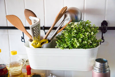 Close-up of food and drink in kitchen
