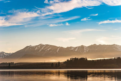 Scenic view of lake by mountains against sky during sunset