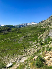 Scenic view of landscape against clear blue sky