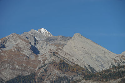 Low angle view of mountain against clear blue sky