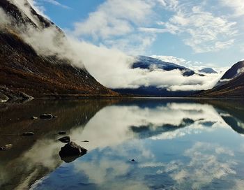 Scenic view of lake and mountains against sky