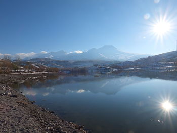 Scenic view of lake and mountains against sky