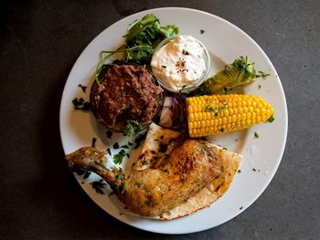 High angle view of breakfast served on table
