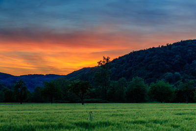 Scenic view of landscape against sky at sunset