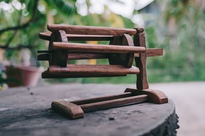 Close-up of bench in park